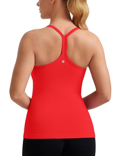 CRZ YOGA Seamless Workout Tank Tops for Women Racerback Athletic Camisole Sports Shirts with Built in Bra Dark Red Large