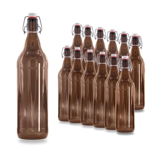 12 x Bierflaschen 1 l inkl. passenden Bügelverschluss – 12 Glasflaschen 1l im Bundle perfekt geeignet als Einmachflaschen 1l, Schnapsflaschen 1l.