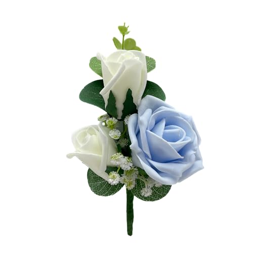 Artificial Wedding Flowers Hand-made by Petals Polly, ROSE CORSAGE/BUTTONHOLE IN BABY BLUE & IVORY