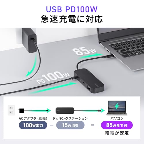 サンワダイレクト Type-C ドッキングステーション HDMI 4K /30Hz LAN SD/microSD Type-A×2 USB-C×2 PD100W 急速充電対応 8-in-1 USBハブ 400-DKM2BK