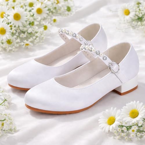 Girls Mary Jane Dress Shoes Low Block Heel Pumps with Pearl Rhinestone Strap, Shimmer Princess Heels for Wedding Flower Girl Party by Orthoshoes - Used condition - Image 3