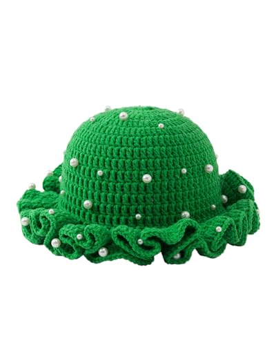 Image of Women Crochet Bucket Hat Cute Winter Ruffled Brim Floppy Cap Handmade Knit Cloche Hats