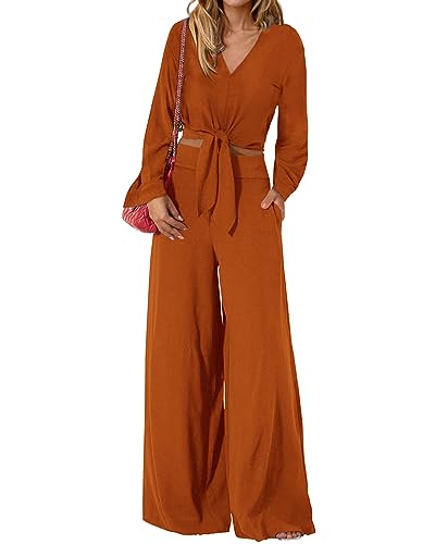 PRETTYGARDEN Women's 2 Piece Outfits 2025 Fall Fashion V Neck Long Sleeve Strappy Crop Top Wide Leg Pant Lounge Sets