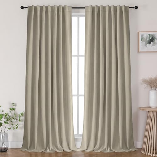Joydeco Linen Black Out Curtains 72 Inch Long - 100% Blackout Living Room Curtain 2 Panels, Rod Pocket & Back Tabs Thermal Insulated Window Drapes for Bedroom (Linen,52" Wx72 L)