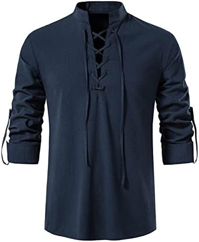 LUYANA Herren Mittelalter Wikinger Hemden Langarm Leinenhemd | Herren-Kostüm mit Schnürung, Mittelalterliches Schottisch Jacobit Shirt, Stehkragen Freizeithemd Vintage Schnürhemd