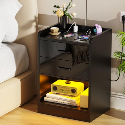 Lvhcmfohm Nachttisch Schwarz mit Steckdose (2 AC-Steckdosen & 2 USB-Anschlüsse), Nachtschrank mit Led Licht, Nachtkommode mit 2 Schubladen und Offenem Stauraum für Wohnzimmer, 40x35x65cm Lvhcmfohm Nachttisch Schwarz mit Steckdose (2 AC-Steckdosen & 2 USB-Anschlüsse), Nachtschrank mit Led Licht, Nachtkommode mit 2 Schubladen und Offenem Stauraum für Wohnzimmer, 40x35x65cm