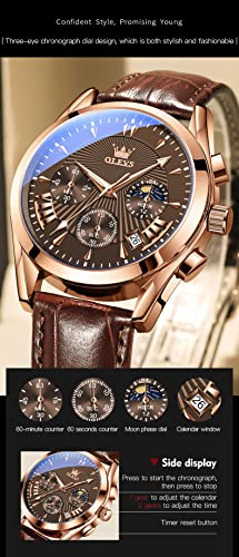 Olevs Mens Watches-Chronograph Fashion Casual Analog Quartz Watch Waterproof, Dress Luminous Wrist Watches With Leather Strap For Men Black/Brown/White/Blue Dial (Brown Band+Brown Face) #TOP4