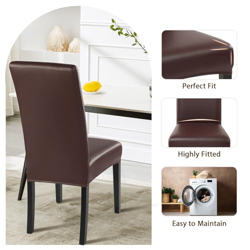 Image of SearchI Waterproof PU Leather Dining Chair Covers Stretch, Set of 4, Brown | Oilproof, Parsons Chair Slipcovers, Removable Washable, Kitchen Chair Protector for Dining Room, Hotel, Banquet, Ceremony