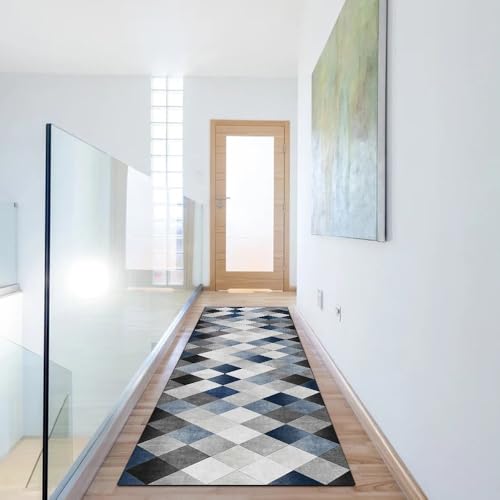 Alfombra de cocina de 40x600 cm gris y azul pasillera lavable de poliéster 6