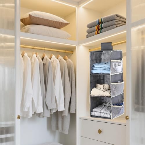 Zykra Hängeaufbewahrung Schrank Organizer mit 3 Fächern, Camping Kleiderschrank Faltbar Hängend, Fächer für Kleiderstange, Hängeregal Schmal Platzsparend, Hängeregal Stoff für Pullover Kleidung,Grau