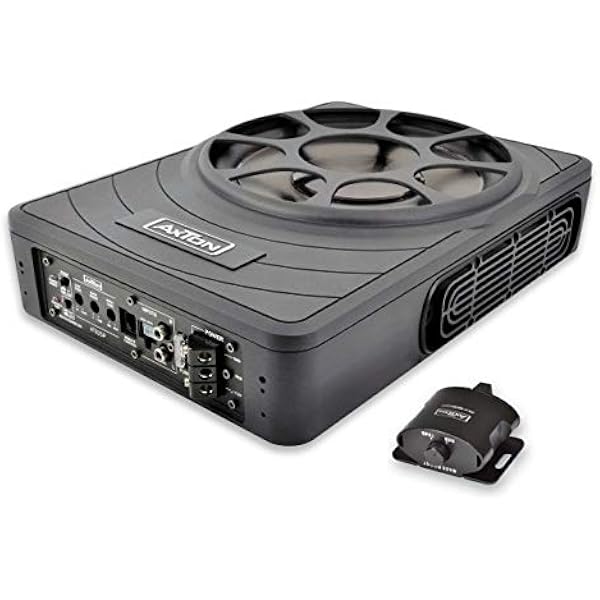 Axton ATB25P – płaski aktywny subwoofer, 25 cm / 10 cali, kompaktowy bas pod siedzeniem ze wzmacniaczem, underseat bass box do samochodu i kampera, High Level, 180 W RMS
