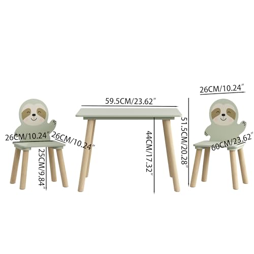 Image of Wood Table & Chairs 3 Pieces Set, Boys Girls Activity Table w / 2 Animal Shaped Chairs, Solid Wood Legs, Safe Rounded Corners, Playroom Furniture for Boys & Girls Activity Dining Drawing Craft.