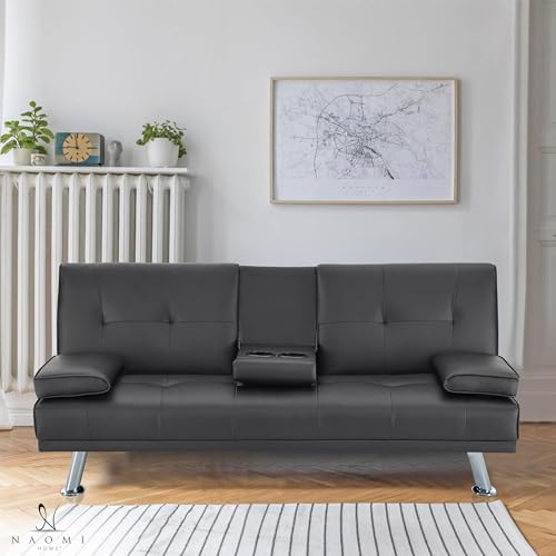 Naomi Home Low Profile Design: Convertible Folding Futon Sofa Bed Sleeper Couch for Living Room Faux Leather Upholstered Futon Sofa with Armrests, Metal Legs, 2 Cup Holders, Black