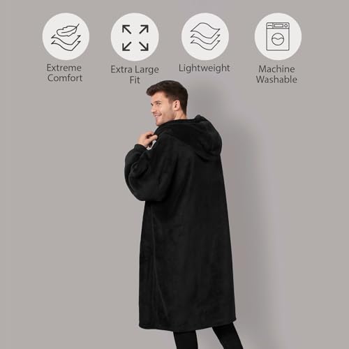 Sienna Extra Long Oversized Blanket Hoodie Wearable Throw with Pockets Sleeves Soft Sherpa Fleece Wearable Throw Giant Sweatshirt, Black - Image 4
