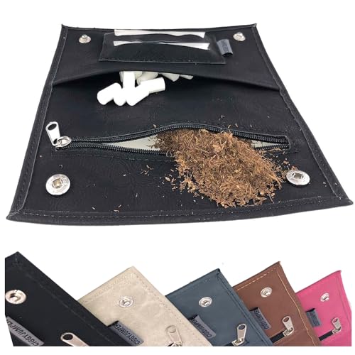 Tabaktasche Ciggy Jumper® im Premium Used Leather Style mit Single, doppel oder Langen Blättchen Fach, Tabak-Beutel Drehertasche mit Filterfach Blättchenhalter div. Farben (Double Black)
