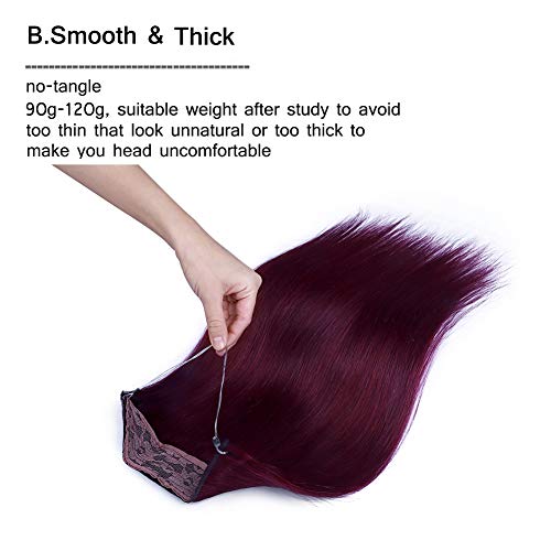 My-Lady Thicker One Piece Wire Hair Extensions Real Human Hair 16 Inch Invisible Wire Headband Secret Miracle Wire Hidden Fish Line Hair Extensions Wine Red 90G #TOP2
