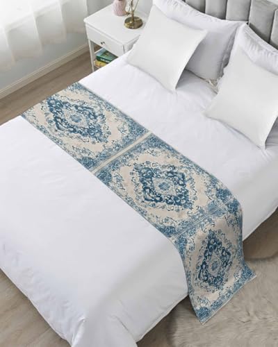 Blue Boho Bed Runner for King Size, Retro Southwestern Ethnic Geometric Bedspread Protector Slipcover Bed Scarf for Foot Runners & Scarves for Bedroom Hotel Wedding Room 102x20 Inches