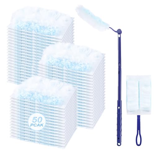 50 Count Duster Refills for Swi-ffer Duster, One-Sided Electrostatic Duster with 2 Handles, Heavy Duty Dusters Refills Replacement for Cleaning Furniture, Blinds, Glass, Ceiling Fans, Car, Wall (Blue)