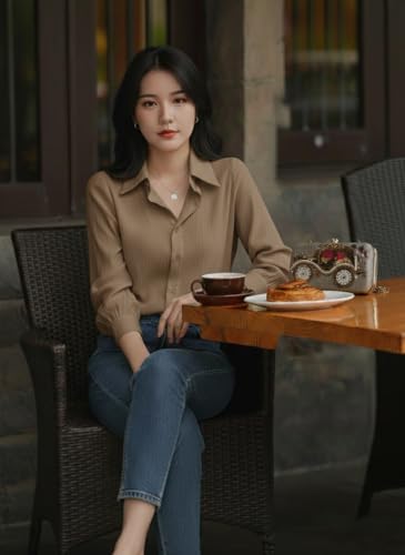 Image of Women's Button-Down Shirt Blouse with Long Sleeves