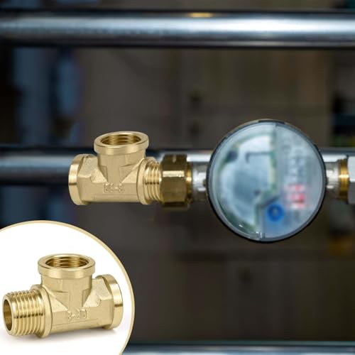 FLEXNOVA T Stück 1/2 Zoll, Messing T-stück 1/2 Zoll T Stück Adapter Wasseranschluss mit 2m Gewindedichtband 90° Duschschlauch Adapter für Trinkwasser Wasserhahn AGxIGxIG (Ø 20mm)
