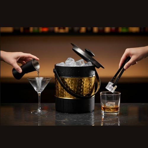 Image of FINALITY Stainless Steel Double Walled Insulated Ice Bucket with Lid with Tong and V Peg Measure, 1.5 Liter| (Black with Gold Hammered IB+Tong+Peg Measure)