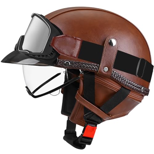 Casque de Moto Vintage Cuir Retro Vintage Scooter Open Face Demi Cuir avec visière Lunettes ECE Bols pour Homme et Femme Adultes Demi-Casques avec Sac de...