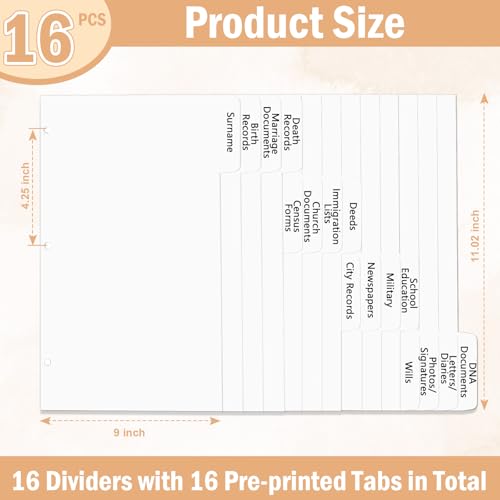 16 Sheets Genealogy Binder Dividers 3 Ring Binder Genealogy Organizer Supplies Pre-Printed 16 Categories Index Dividers 8.5x11 in Family History Pages for Family History Research