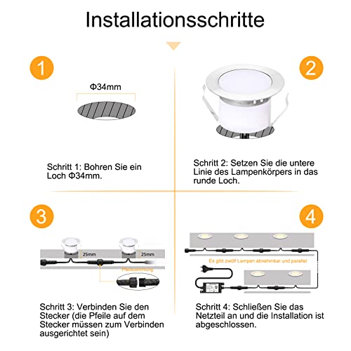 SUBOSI 10er Set LED Bodeneinbaustrahler Außen IP67 Wasserdicht 12V 1W Edelstahl, Warmweiß 2800-3200K Terrassenbeleuchtung Bodenleuchten für Garten Terrasse Treppen Auffahrt [Inkl. Netzteil]