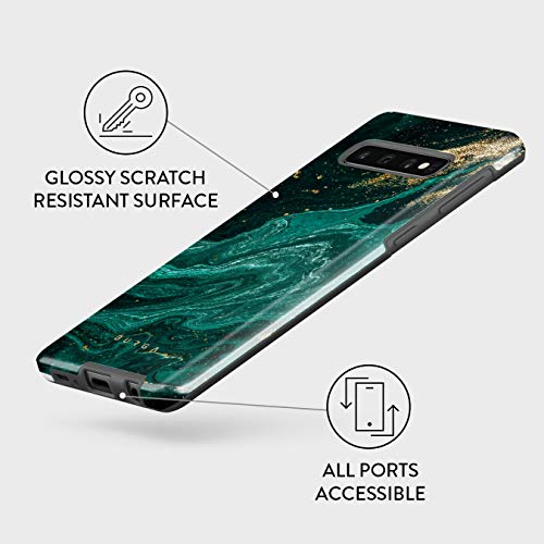 Burga Phone Case Compatible With Samsung Galaxy S10 Plus - Hybrid 2-Layer Hard Shell + Silicone Protective Case -Emerald Green Jade Stone Gold Glitter Marble - Scratch-Resistant Shockproof Cover #TOP3