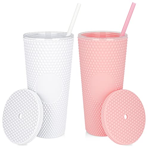Luxfuel 24 oz DIY Studded Tumbler with Lid and Straw, Reusable Plastic Acrylic Cup,Double Walled Matte Travel Tumbler for Iced Coffee, Cold Water,Smoothie,Wide Mouth,Spill Proof,100% BPA Free,2 Pack