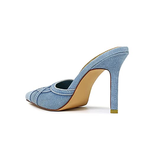 Vivianly Women's Closed Pointed Toe Pumps Denim Stiletto Heel Sandals Backless Heeled Mule Blue Size 9 #TOP5