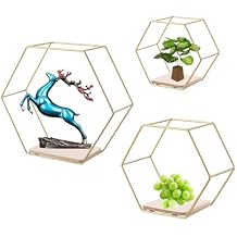 Wall Mounted Hexagon Floating Shelves, Metal Framed Gold Shelf with Wooden Floor Storage Shelves, Modern Wall Decor for Living Room, Bedroom, Kitchen, Office, Set of 3 Size
