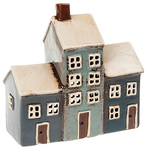 Village Pottery Teelicht, 3 Häuser, Grau/Marineblau