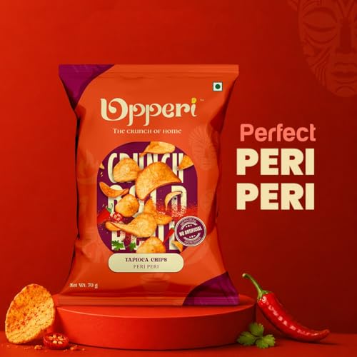 Image of Upperi Peri Peri Kerala Tapioca Chips | 70g | Kerala Kappa Chips | Fiery Peri Peri | Rice Bran Oil Fried | Zero Trans Fat | Lower Fat | NABL Certified | Vegetarian