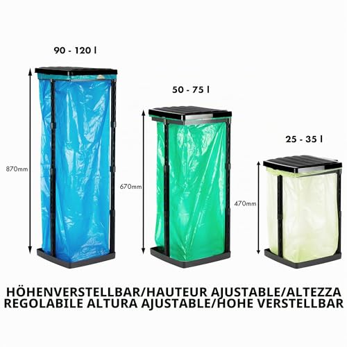 Grizzly Müllsackständer, 1x Mülleimer für schwarze Sack mit schwarzem Deckel, für Müllsäcke von 25-120 Litern, höhenverstellbares Stecksystem mit Klemmring