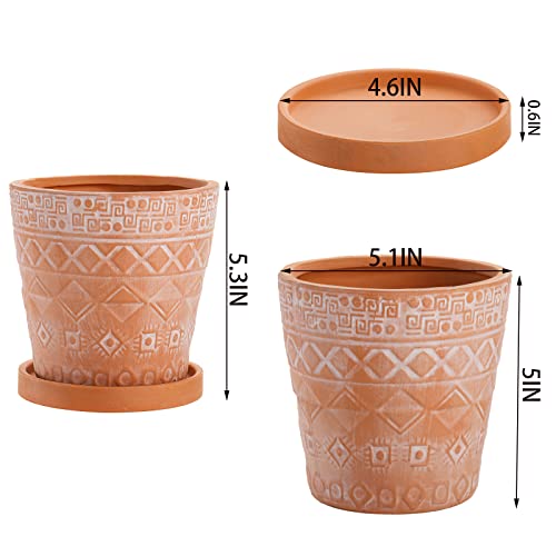 Cedilis 2 Pack Terracotta Pots, 5 Inch Red Clay Planter Pots With Drainage And Saucers, Ceramic Pottery Succulent Planter, Garden Cactus Flower Planters With White Geometric Designs #TOP3