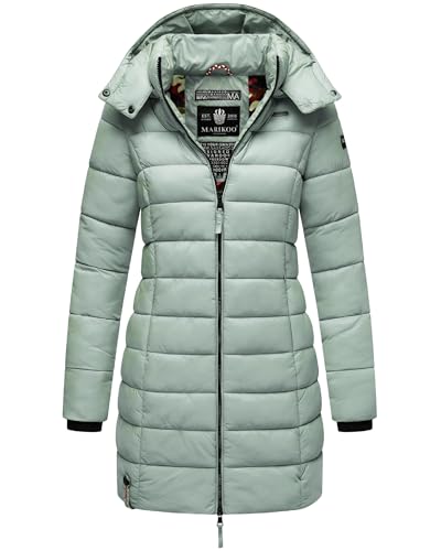MARIKOO Damen langer Wintermantel warmer Steppmantel mit abnehmbarer Kapuze Abendsternchen Smokey Mint Gr. L