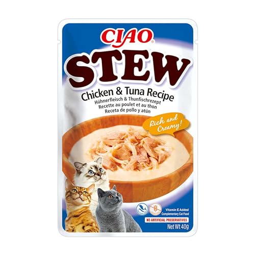INABA Churu Stew - Guiso para Gatos - Snacks Receta Pollo/Atún - Premios Ricos y Cremosos - Sin Cereales, Conservantes, Colorantes - Pocas Calorías - 40g