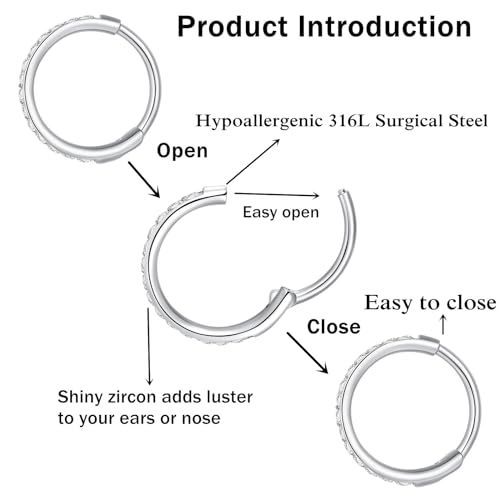 ORANGELOVE 20G 18G 16G Clear CZ Nose Ring Hoop 316L Surgical Steel Seamless Silver Septum Ring Clicker Jewelry Cartilage Earring Ear Piercing Hoop Earrings for Women Men Helix Rook Lobe Conch Tragus Daith Lip Hinged Piercing Jewelry with Cubic Zirconia3