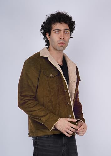 Image of Men's Sherpa Lined Corduroy Jacket | Warm Winter Jacket with Fur Collar & Cuffs | Soft Fleece Lining, Multiple Pockets - Brown, Olive Green, Chocolate Brown