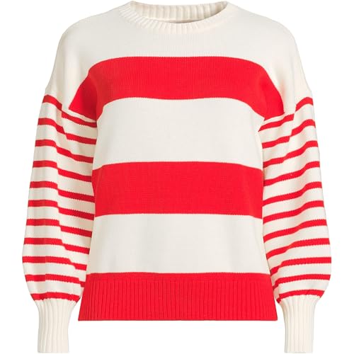 Lands' End Women's Drifter Jersey Crewneck Sweater Large Coral Red/Ivory Stripes3