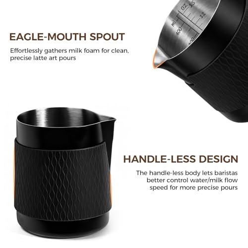 IKAPE Espresso Milk Pitcher, 15.04/450ml Milk Frothing Jug without Handle, Espresso Steaming Pitcher with Sharp Spout for Espresso Barista Tool(black) - Image 3