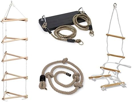 Equilibre et Aventure Portico 5 Rings Kit: 1 Swing Rope Ladder + 1 Rubber Thick Rope with Knots + 1 Wooden Triangular Pendant Multiple For All Standard Frames.