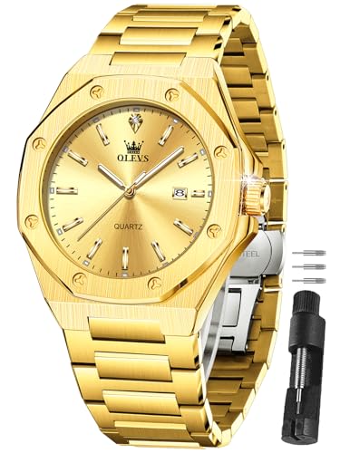 OLEVS Gold Watches for Men Luxury Business Quartz Men Wrist Watch Waterproof Stylish Classic Large Dial Watch for Men with Date Window Elegant for Evening Banquets Ideal Birthday Gift for Friend