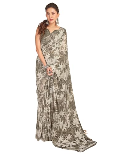 SIRIL Women's Georgette Floral Printed Saree With Unstitched Blouse Piece (3671S2585_Dusty Beige)