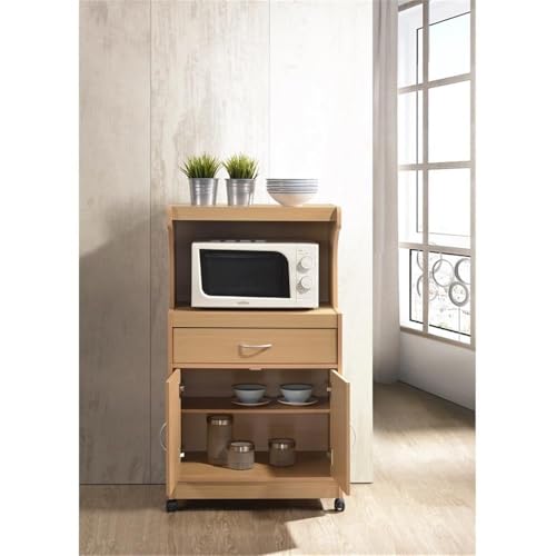Pemberly Row Wood Microwave Kitchen Cart, Beech Finish, 45 in H x 24 in W x 15.75 in D, Drawer and Storage Cabinet, Wheels for Mobility, Functional Storage for Home or Office Kitchens