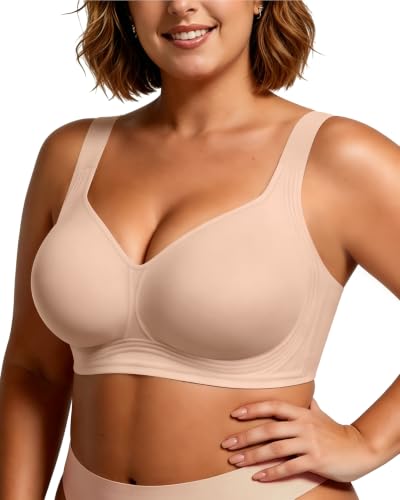 HORISUN Supportive Bras for Women Full Coverage No Underwire Bra for Large Breasts Wireless Comfortable T-Shirt Bra (Cream Skin 34B)