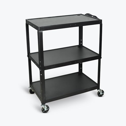 FSE Luxor 373-AVJ42XL Extra-Large Adjustable-Height Steel AV Cart, 3 Shelves, Electric Outlet, 24"-42" Height, 4" Locking Casters, Black, Made in USA