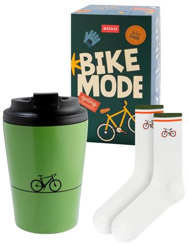 soxo Fahrrad Thermobecher mit Socken Geschenkset - Edelstahl Reisebecher mit Lustigen Socken 40-45 Männer Geschenk für Fahrradliebhaber