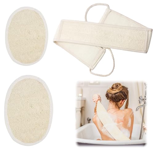 Juego combinado de exfoliante de espalda de lufa natural, correa de fregado de doble cara, 3 piezas, almohadillas de esponja de baño corporal de luffa natural